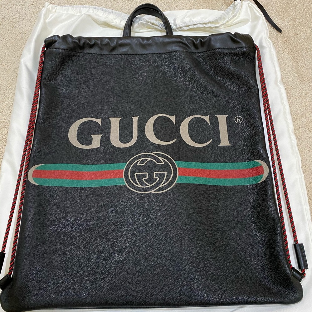 💯Gucci Print XL BLK Leather Drawstring Backpack